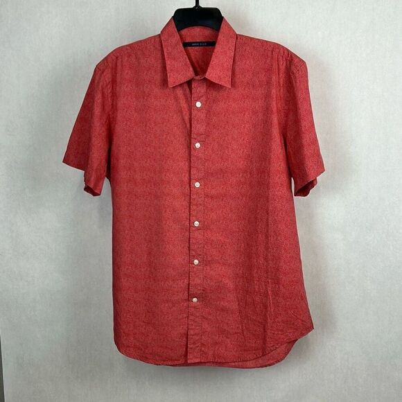 Perry Ellis Mens Button Front Shirt Sz Large Orange-Red w/White Dots Short Sleev - Picture 1 of 6